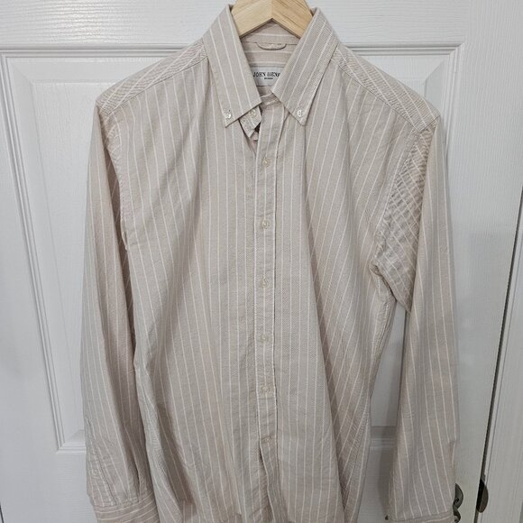 JOHN HENRIC Oxford Dress Shirt 15 - 38 Beige/White Striped Button Down - Picture 1 of 1